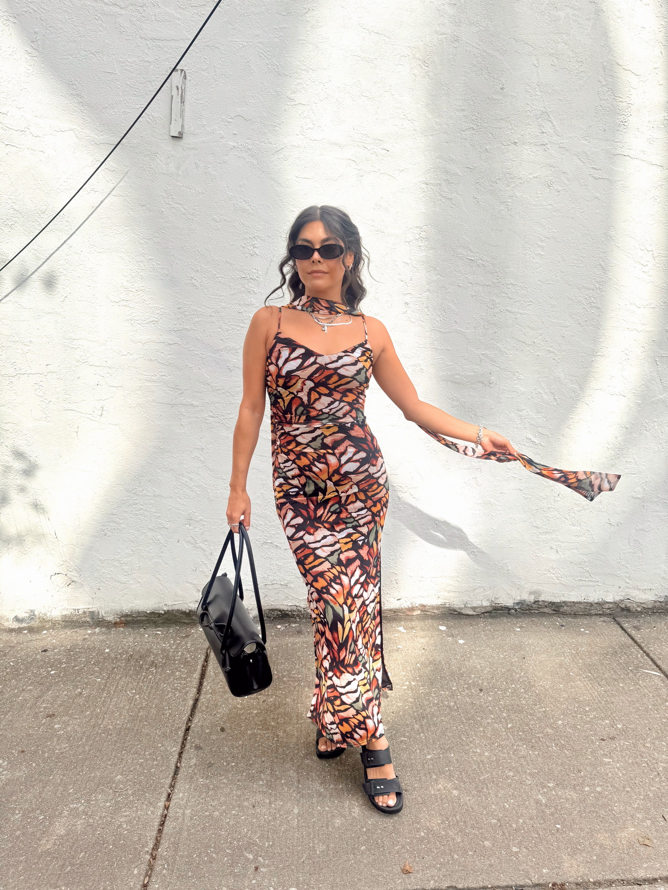 Patterned Mesh Dress With Scarf