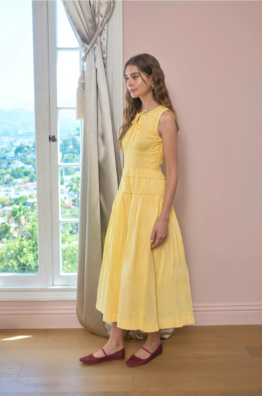 Smocked Shirred Waist Midi Dress