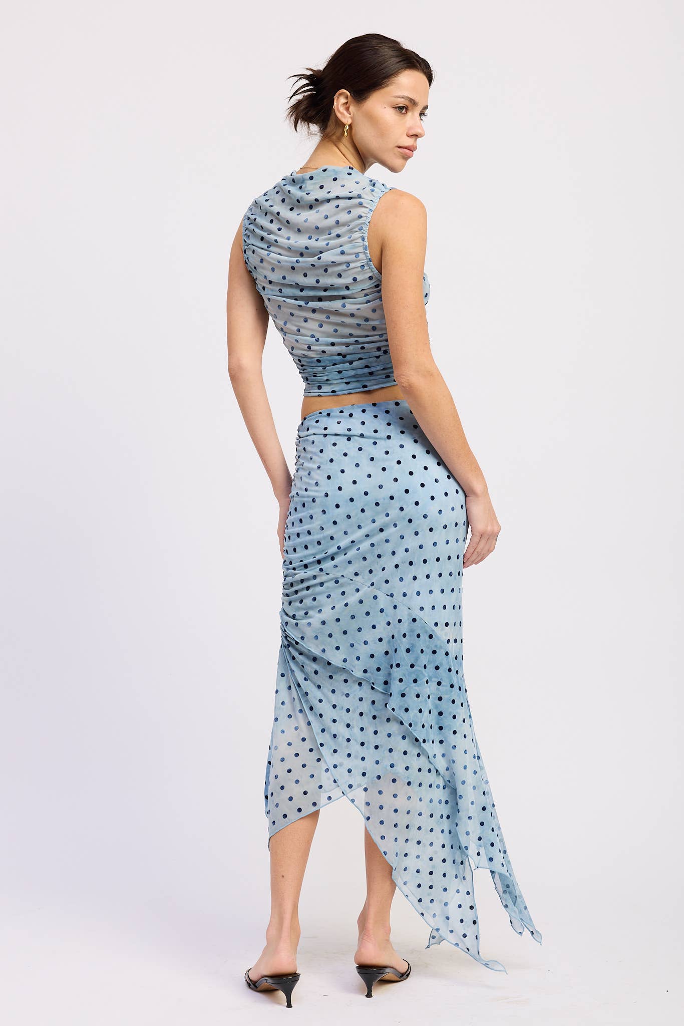 Mesh Blue Dot Shirred Top