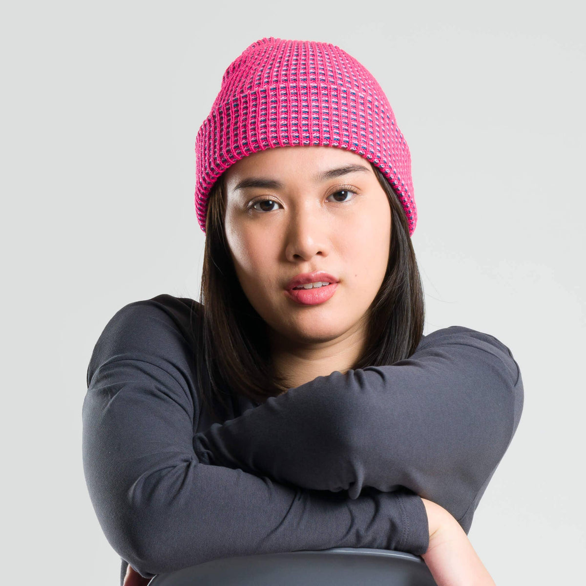 Simple Grid Knit Beanie: Fuchsia