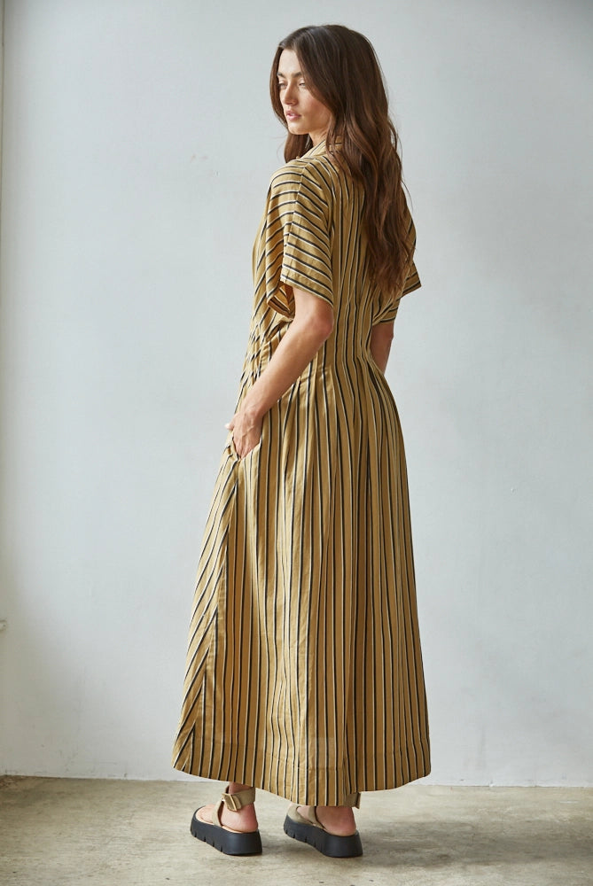 Coffee Striped Collar Button-Down Flare Dress