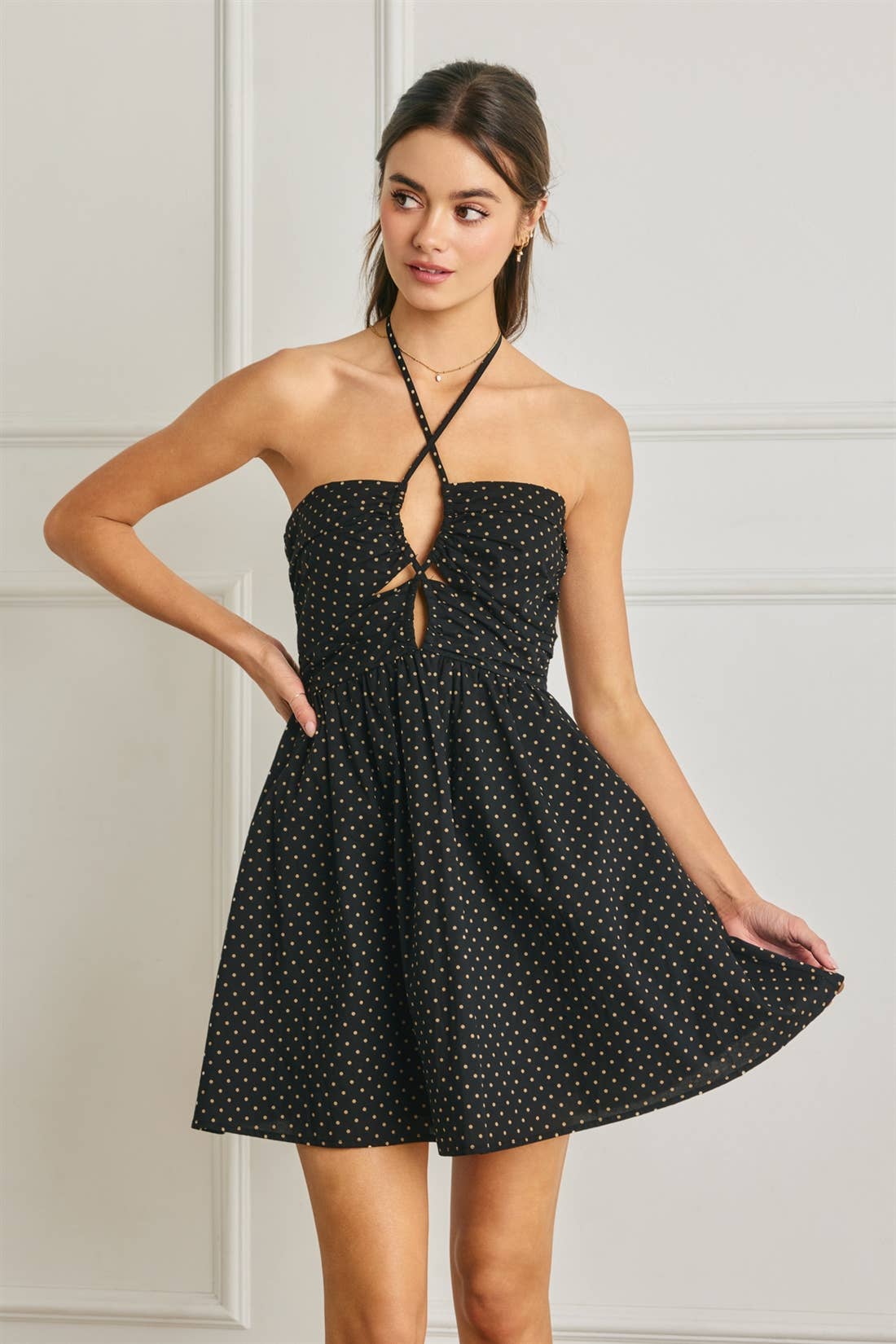 Pin Dot Ruched Halter Mini Dress