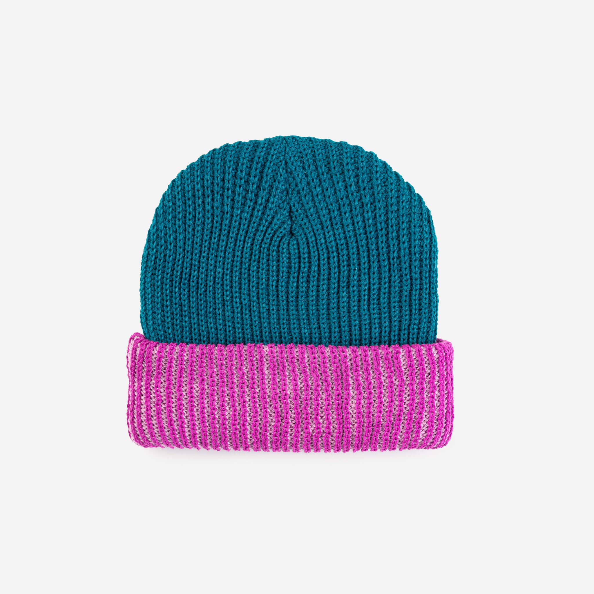 Stripe Cuff Plush Beanie: Teal Magenta
