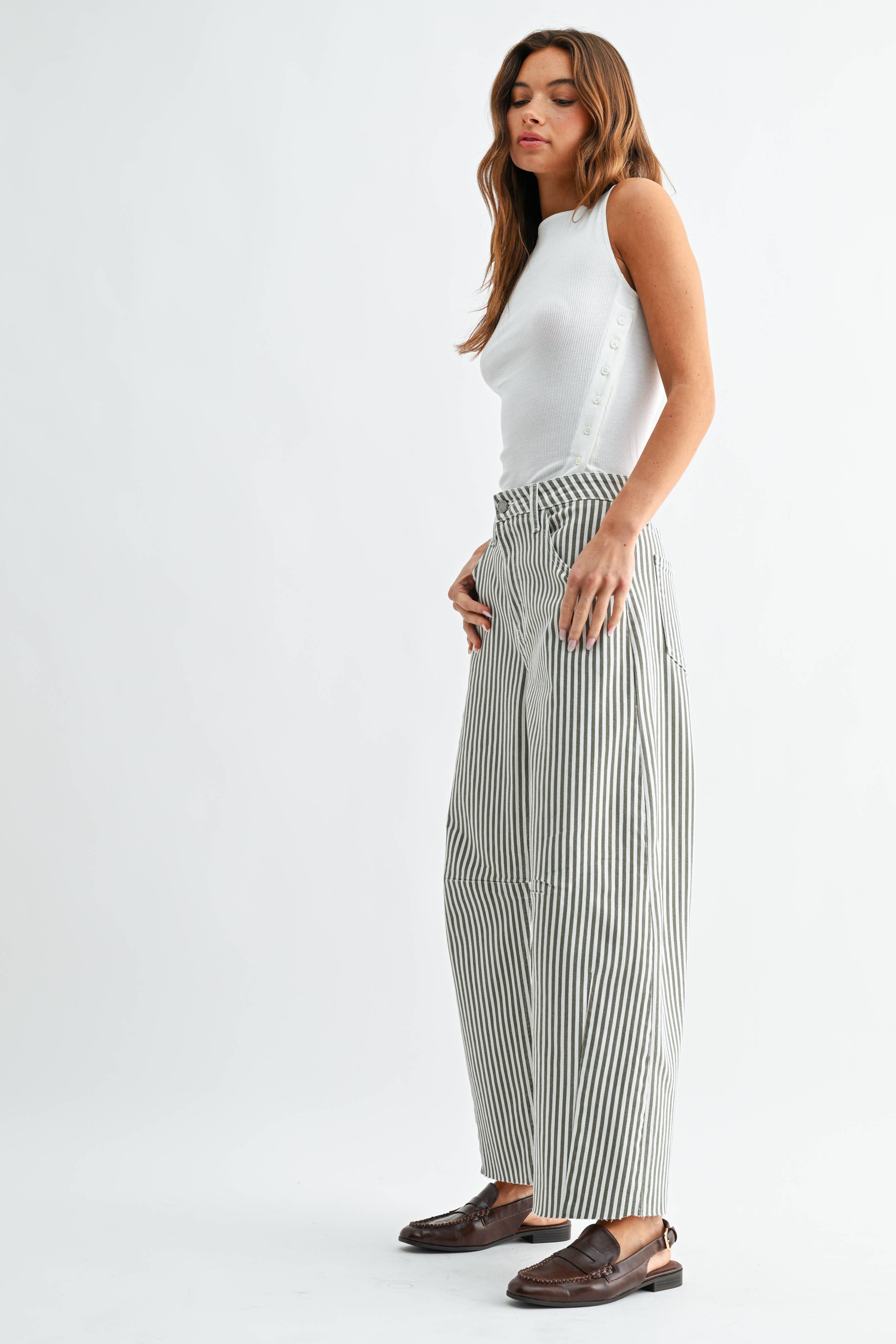 Barrel Jean w/ Seams - Olive Stripe