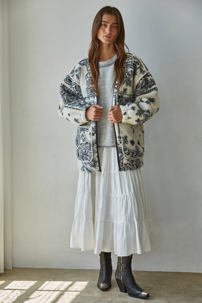 Fleece Sherpa Paisley Print Jacket