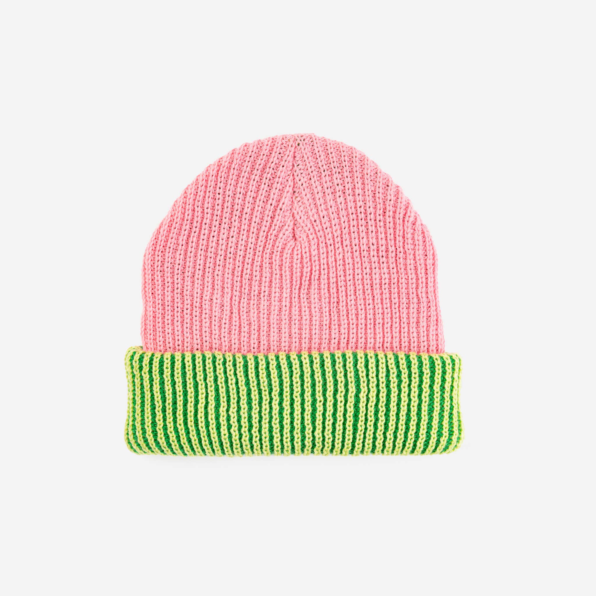 Stripe Cuff Plush Beanie: Pink Lime