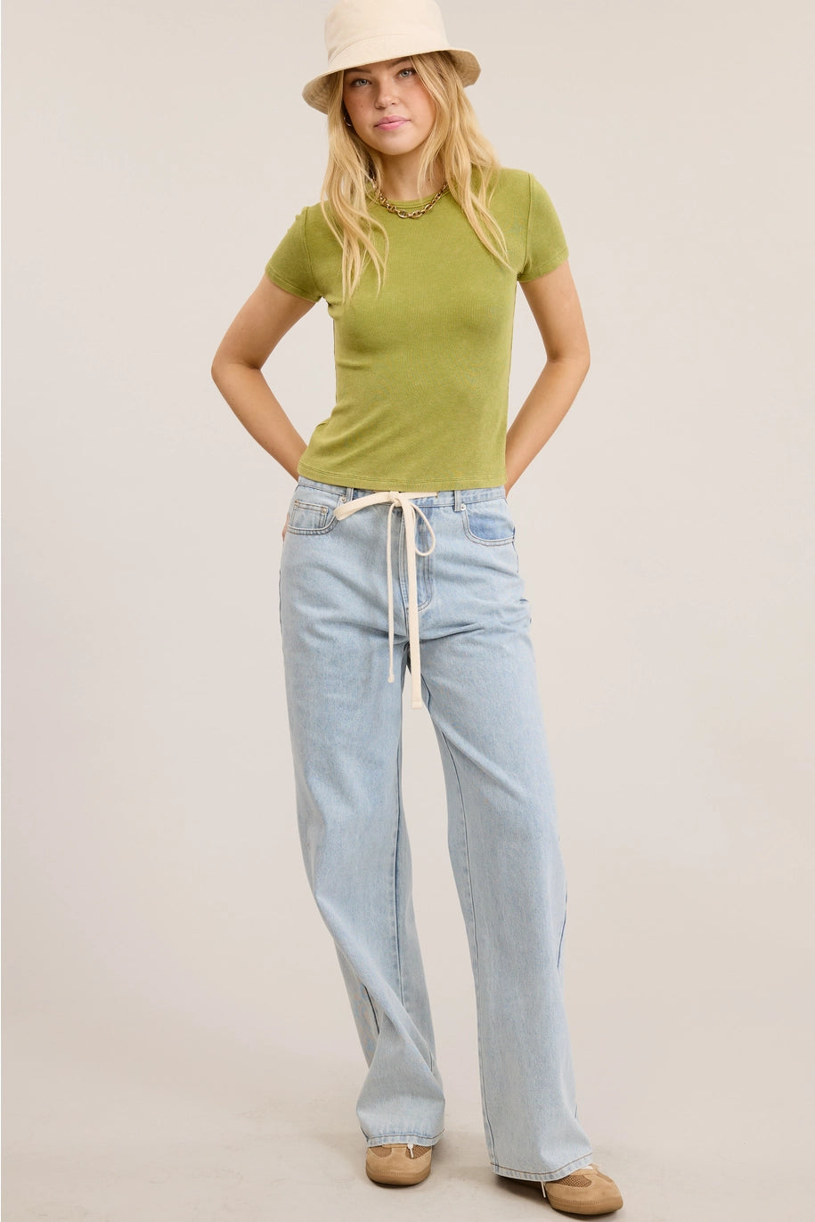 Acid Wash Ribbed Fitted Tee - Olive