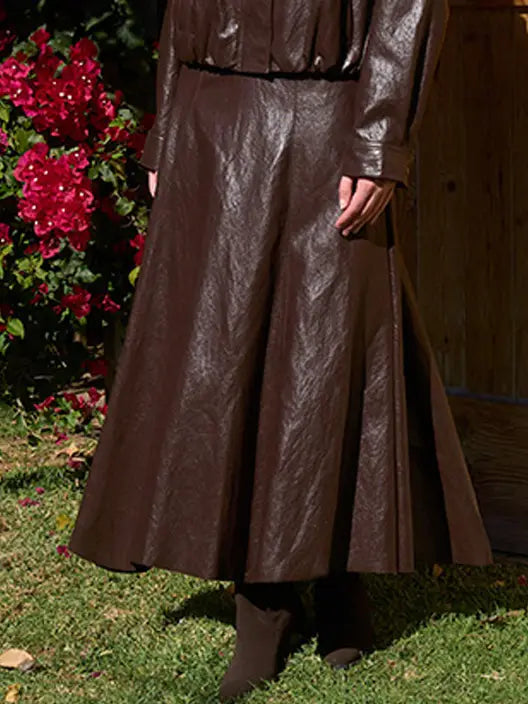 A-line Chocolate Leather Midi Skirt