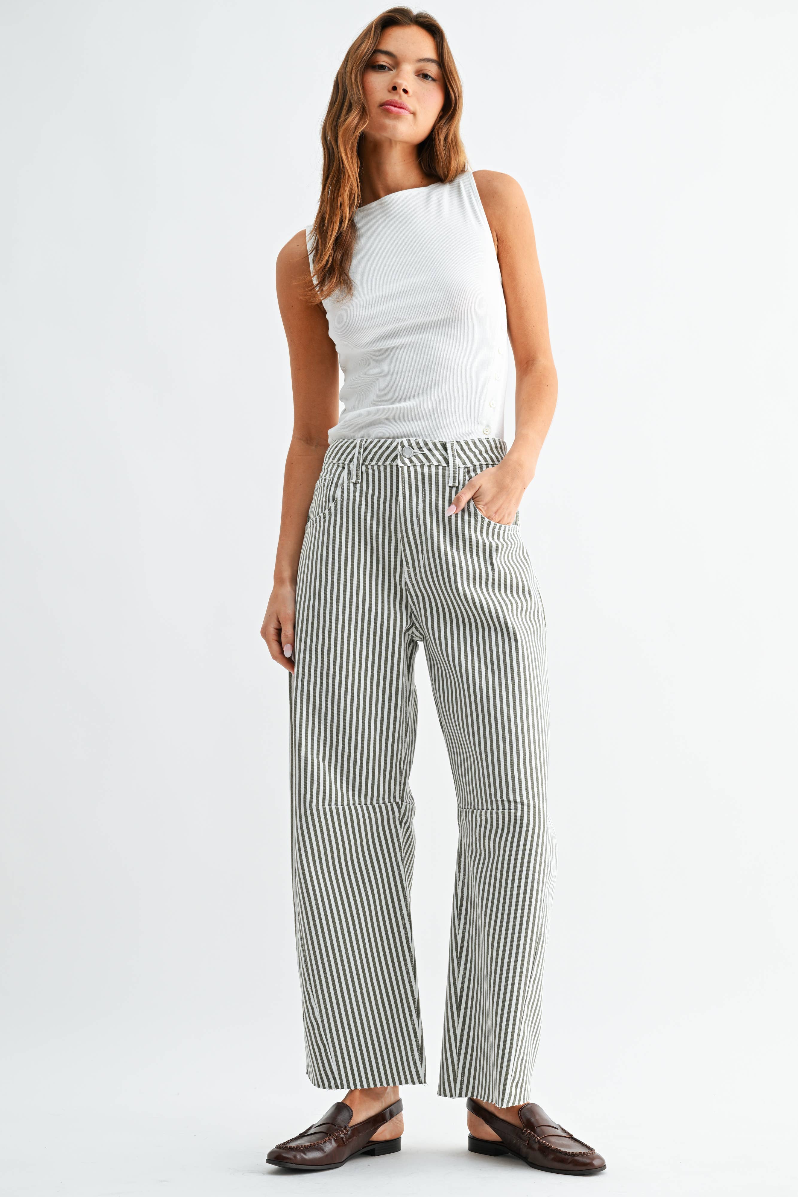 Barrel Jean w/ Seams - Olive Stripe