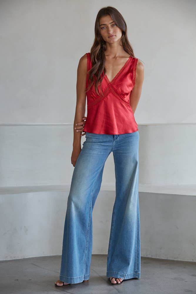 Red Satin Sleeveless V-Neck Top