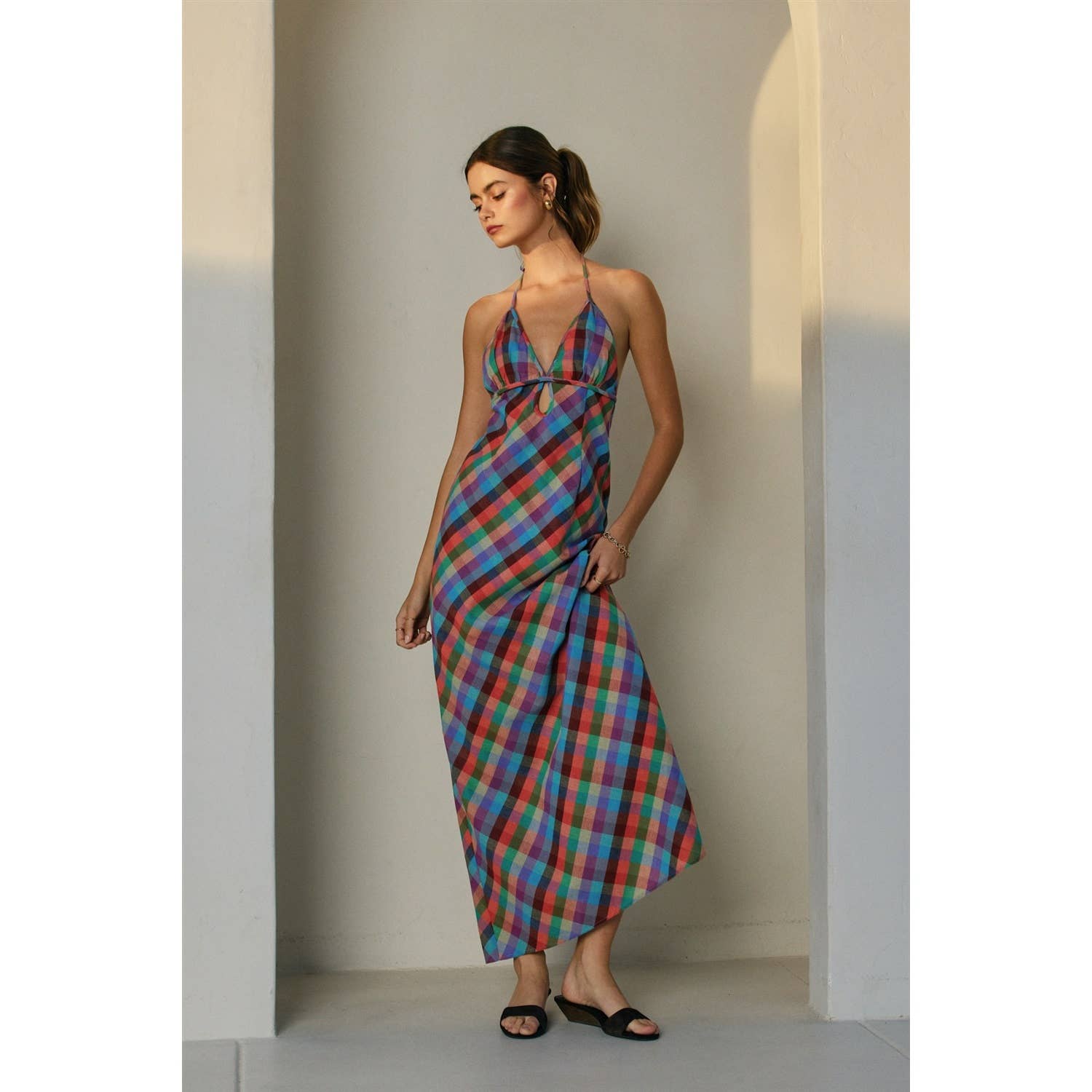Colorful Gingham Halter Maxi Dress