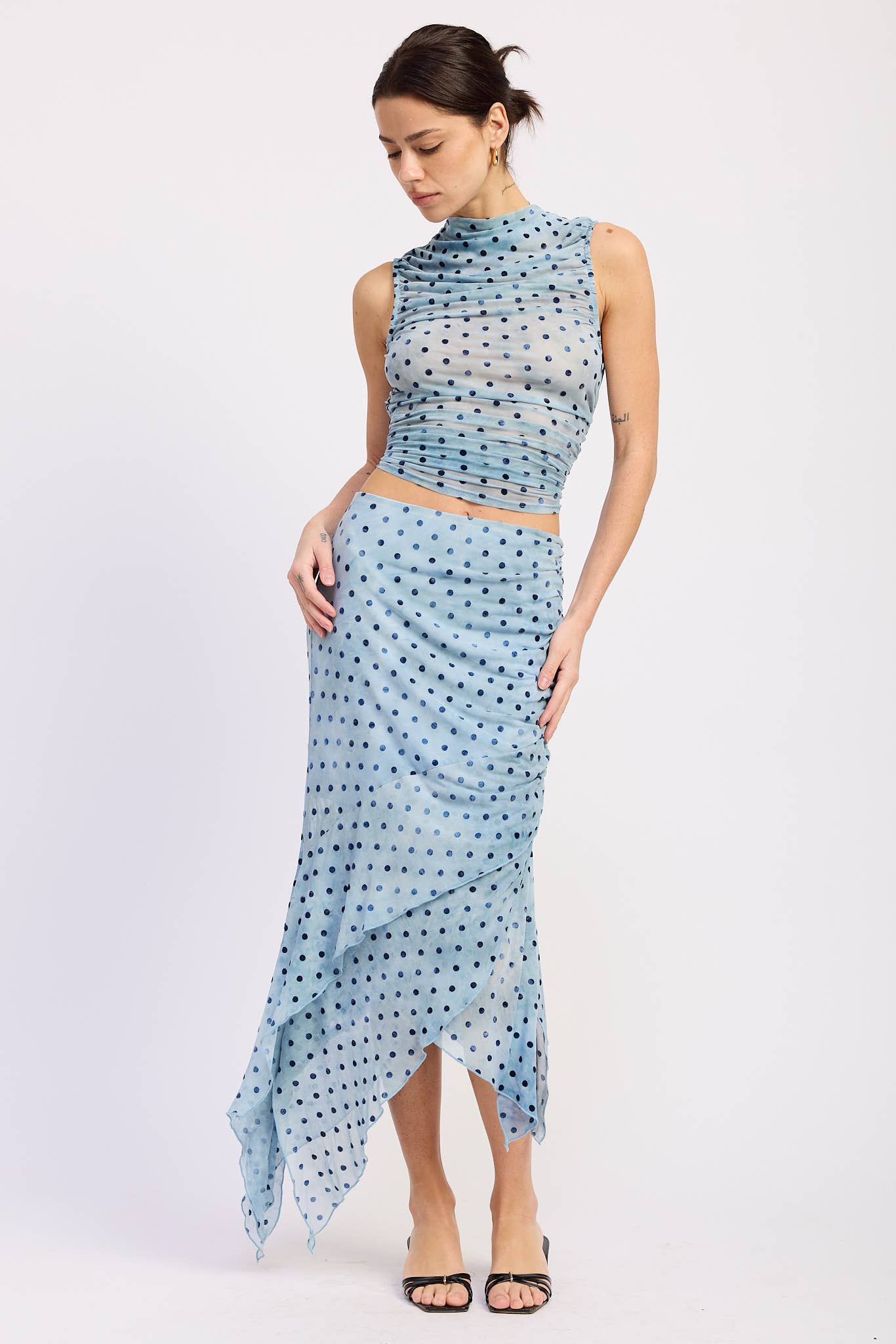 Asymmetrical Blue Dot Midi Skirt