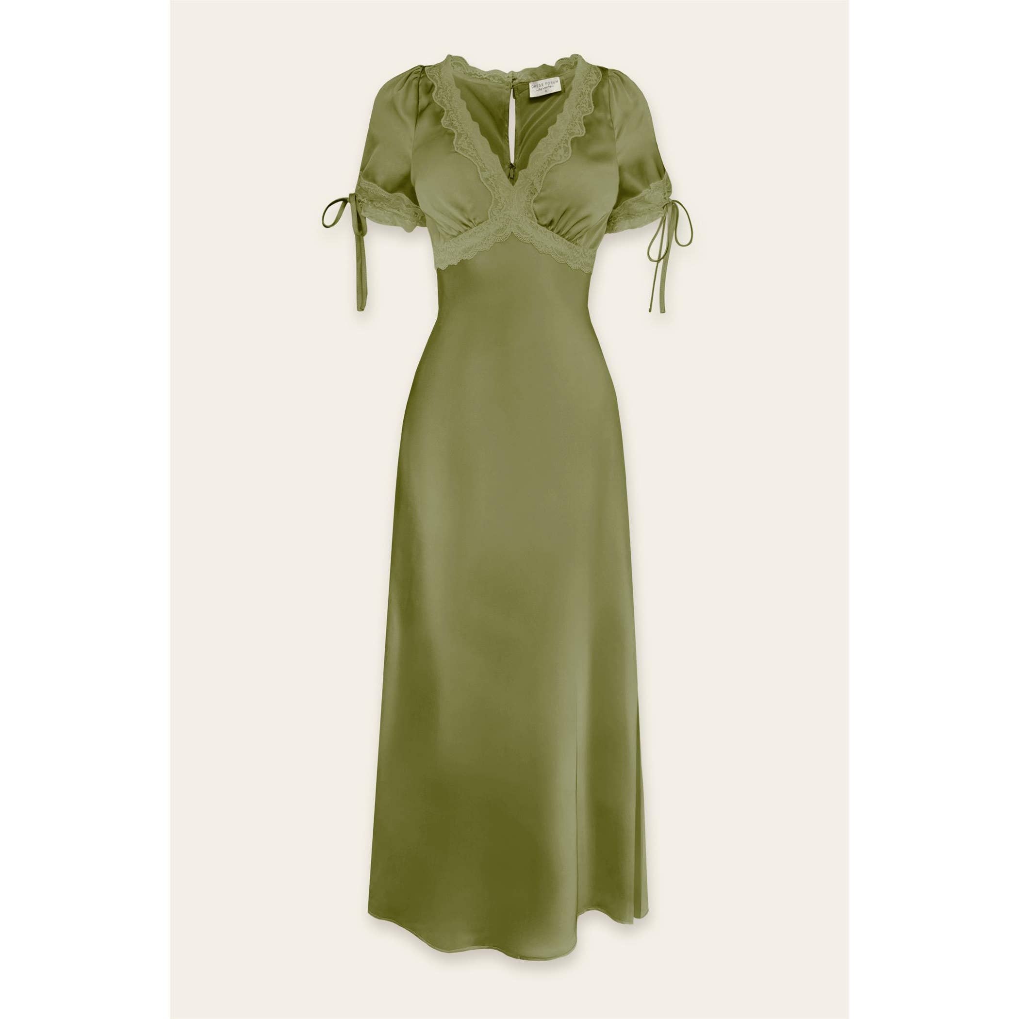 Satin Lace Trim Plunging Midi Dress