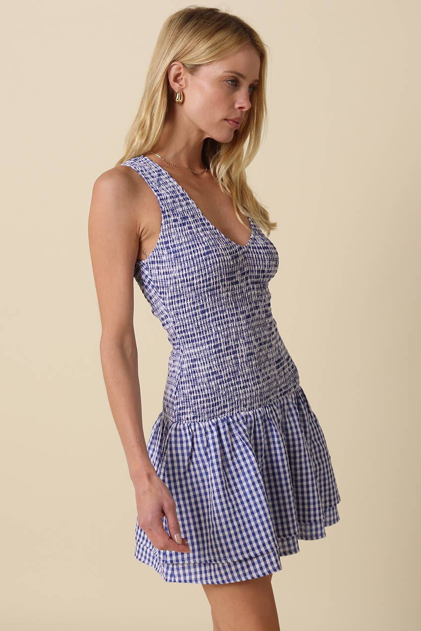 Debbie Gingham V-Neck Tiered Mini Dress