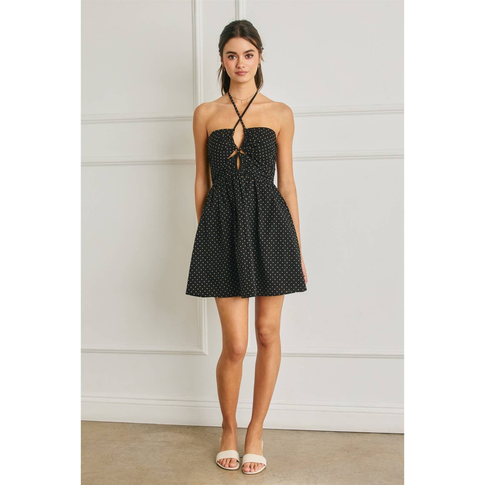 Pin Dot Ruched Halter Mini Dress