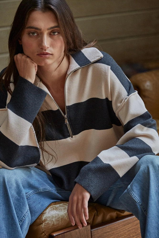Knit Striped Turtleneck Half Zip Up Top