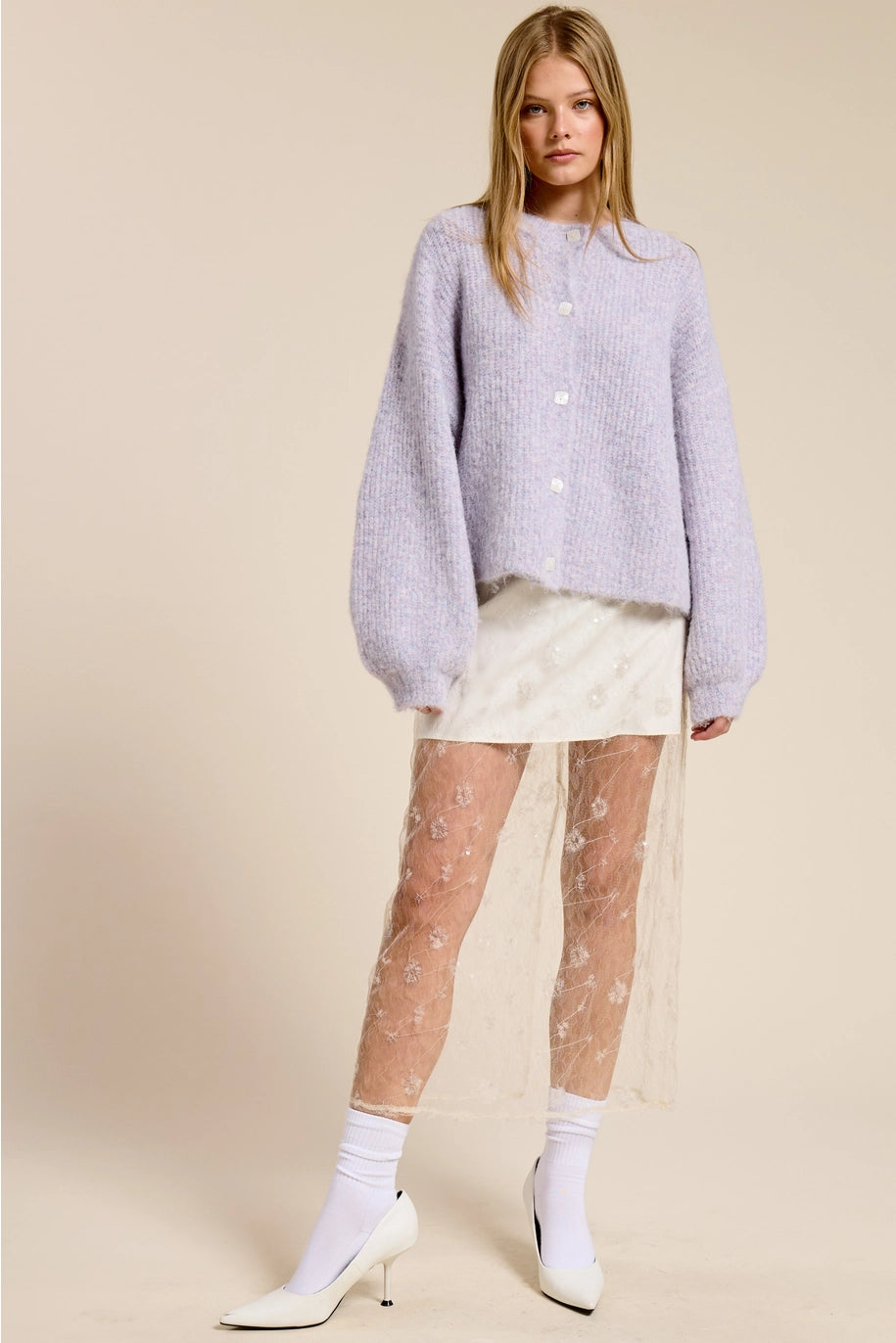 Balloon Sleeve Knit Cardigan - Lavender