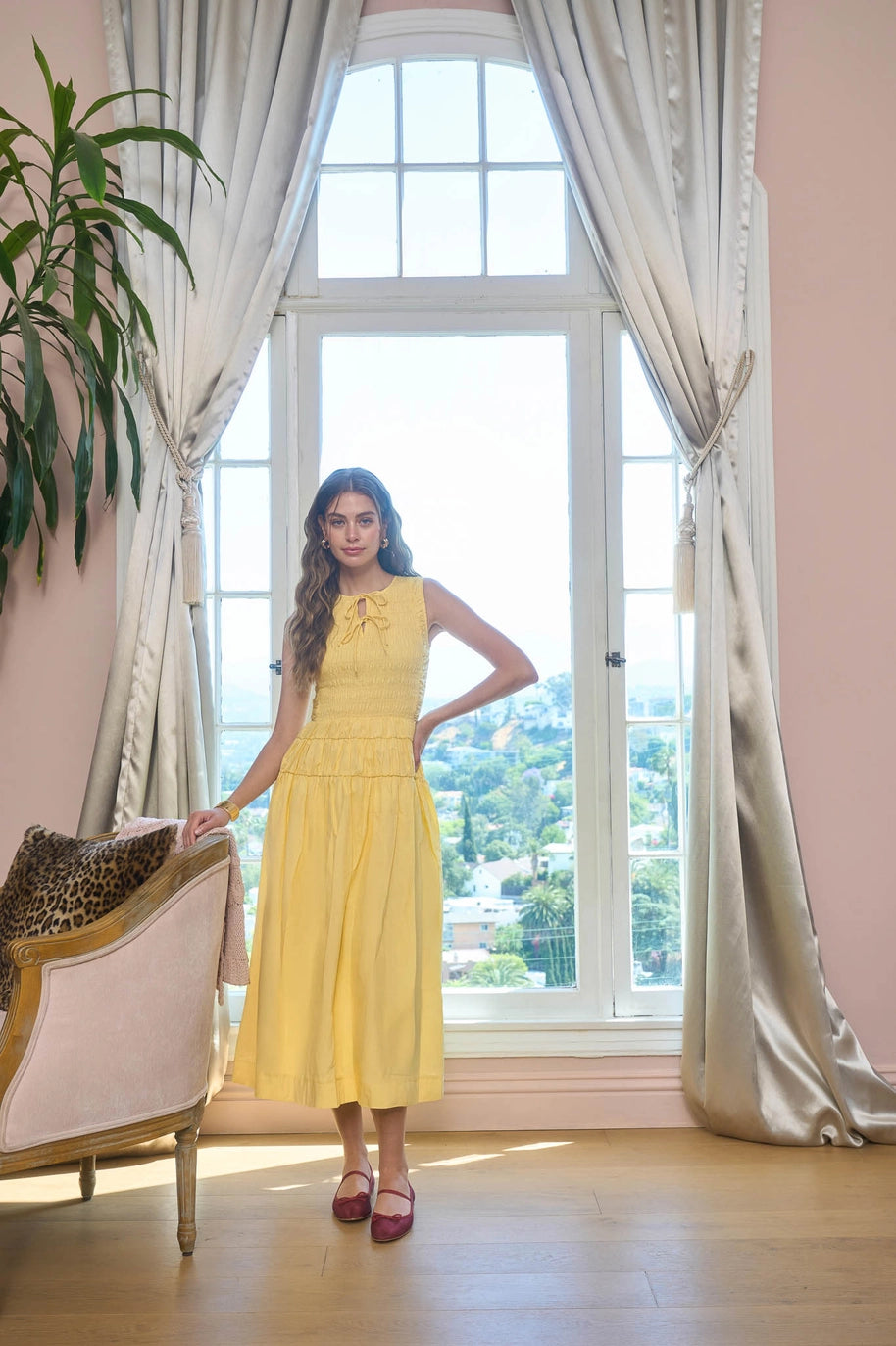 Smocked Shirred Waist Midi Dress