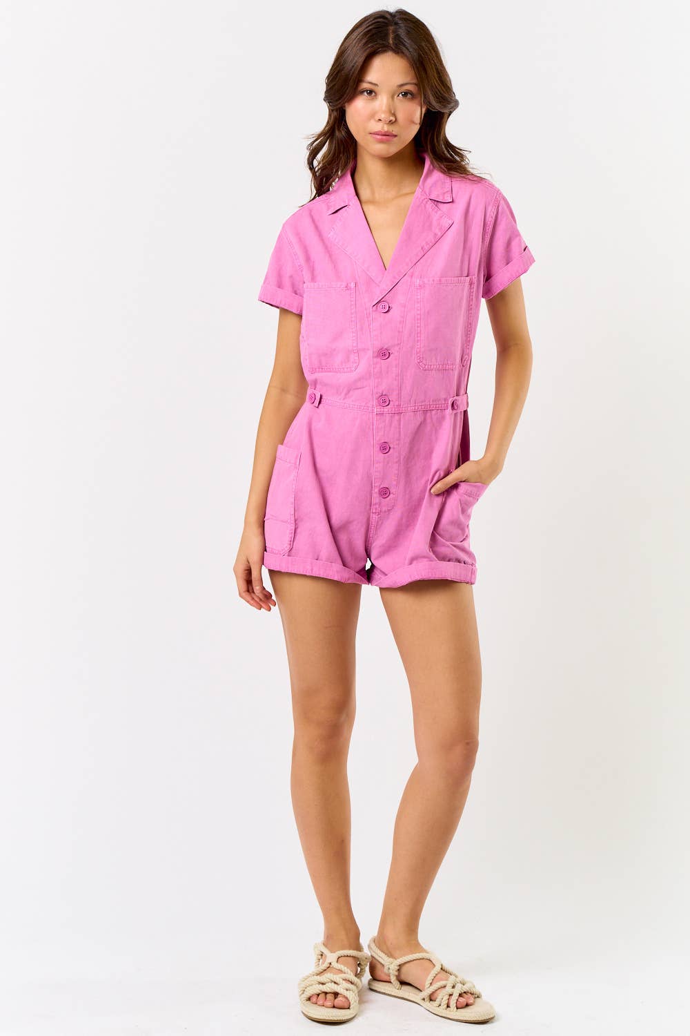 Pink Collard Short Sleeve Romper