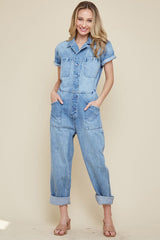 Denim Short Sleeve Coverall Jumpsuit