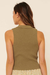 Olive Rib Knit Collar Drawstring Ruched Sweater Top
