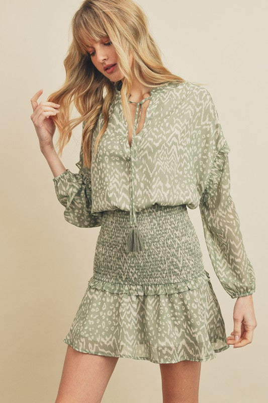 Sage + Cream Printed Smock Mini Dress