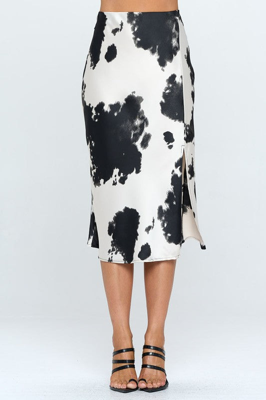 Made in USA Cow Print Satin Midi Skirt