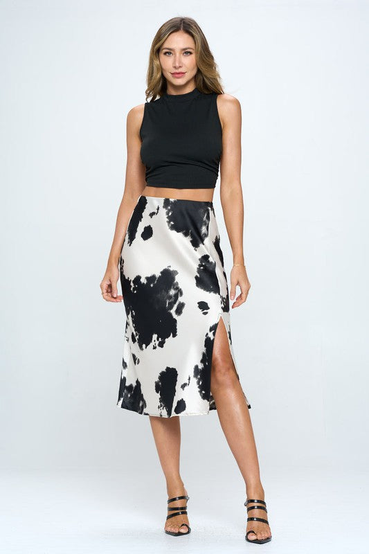 Made in USA Cow Print Satin Midi Skirt