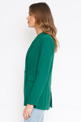 Hunter Green Linen Front Button Long Sleeve Blazer