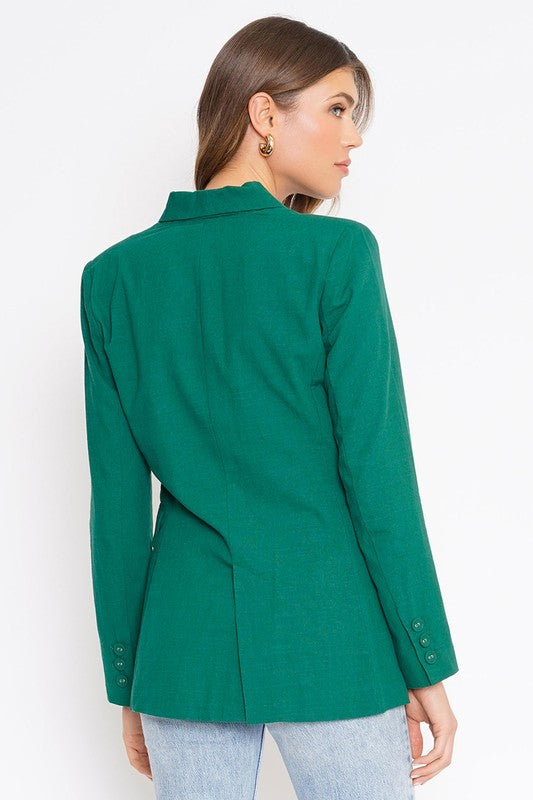 Hunter Green Linen Front Button Long Sleeve Blazer