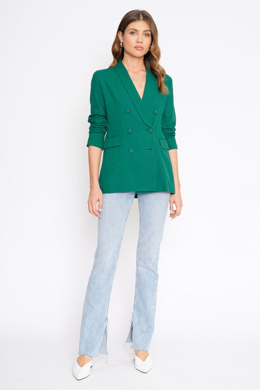 Hunter Green Linen Front Button Long Sleeve Blazer