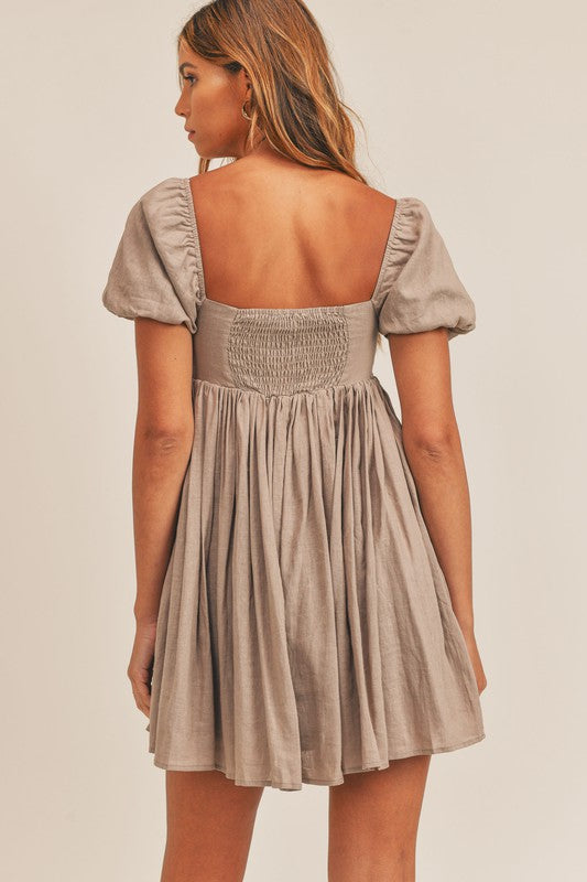 Mocha Linen Puff Sleeve Baby Doll Dress