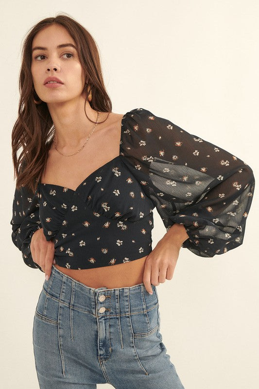 Floral Sweetheart Neck Semi Sheer Sleeve Blouse