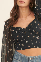 Floral Sweetheart Neck Semi Sheer Sleeve Blouse