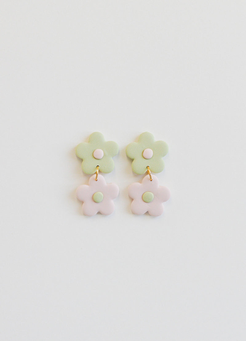Pink + Green Double Daisy Dangling Clay Earrings