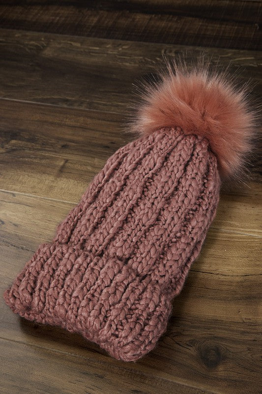 Terracotta cable knit pom pom beanie