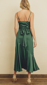 Emerald Satin Tie Back Midi Dress